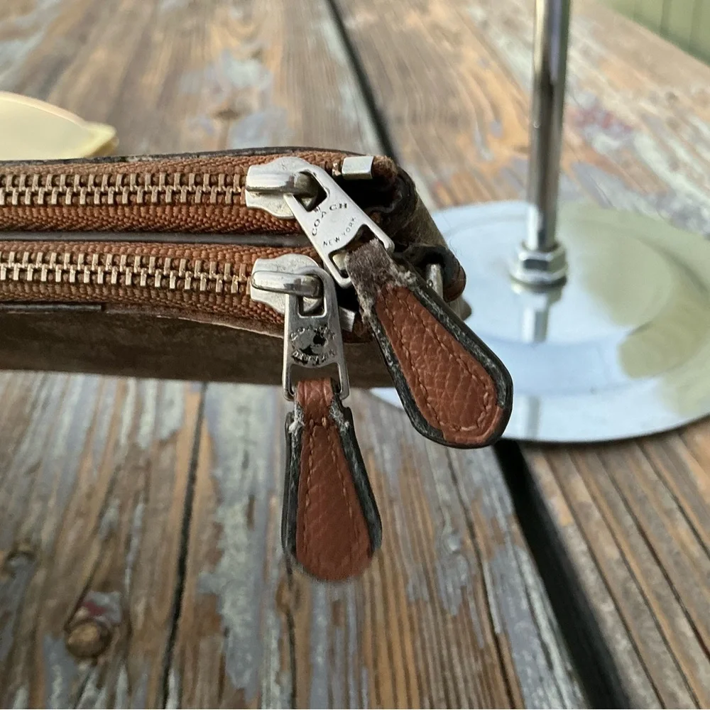 Coach Brown Signature Coated Canvas Double Corner Zip Wallet Wristlet/Purse